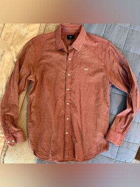 Obey Button Down Shirt Mens M Red Chambray Logo Casual